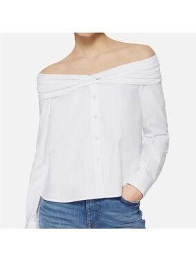 Like New Jonathan Simkhai Maia Oxford Off-the-Shoulder Top- White, Size Medium